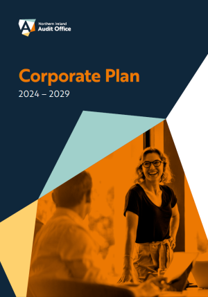 Cover of the NIAO Corporate Plan 2024-29, featuring an office environment with a female staff member in glasses smiling