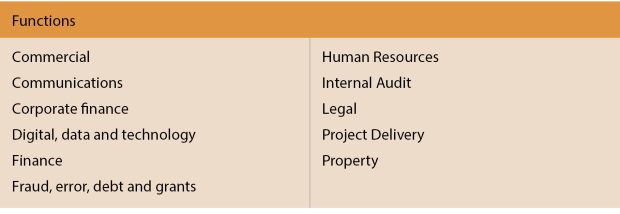 Functions; Commercial, Communications, Corporate finance, Digital data and technology, Finance, Fraud, Error, debt and grants, HR, Internal Audit, Legal, Project Delivery, Property