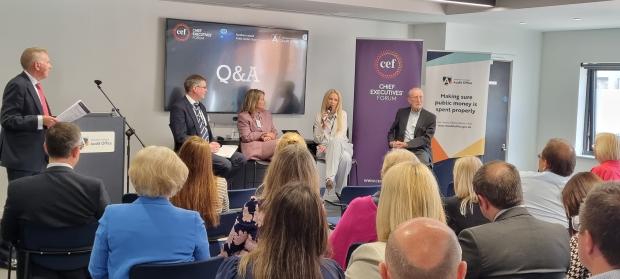 A panel q&a session featuring Chief Executives' Forum Sir David Sterling, NI Audit Office Director Brian O'Neill, Department for Communities Audit Committee Chair Sharon O'Connor, Auditor General Dorinnia Carville and accountability and governance trainer and practitioner Brian Whalley