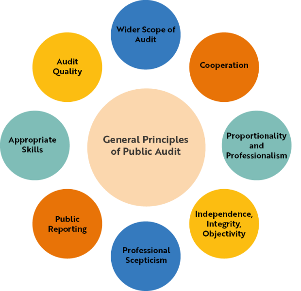 General Principles of Public Audit - Wider scope of audit. Cooperation. Proportionality and professionalism, Independence, integrity, objectivity. Professional Secptisicm, public reporting. Appropriate skills. and Audit quality