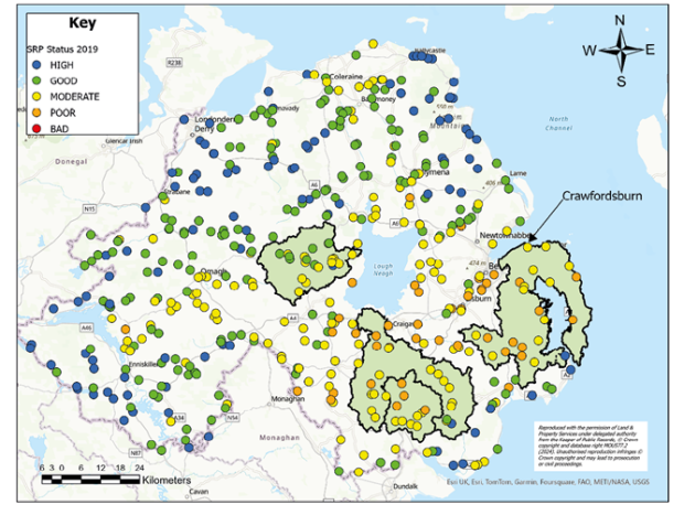 Figure 7. Many of the rivers in Northern Ireland classified as ‘Moderate’ or ‘Poor’ for phosphorus in 2019 were located in catchments with high numbers of derogated farms